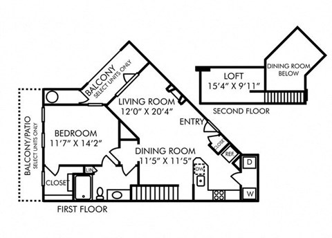 Floor plan for 1 bed, 1 bath, 987 sqft